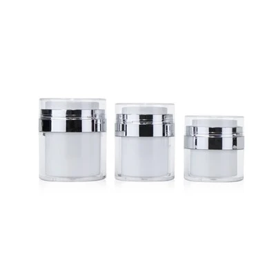 White PP Airless Cream Jars - Cylinder Shape Cosmetic Containers With Clear Over Cap & Silver Ring For Face Cream