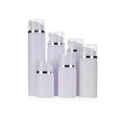 White PP Plastic Airless Pump Bottles With Silver Ring & Clear Cap For Skincare